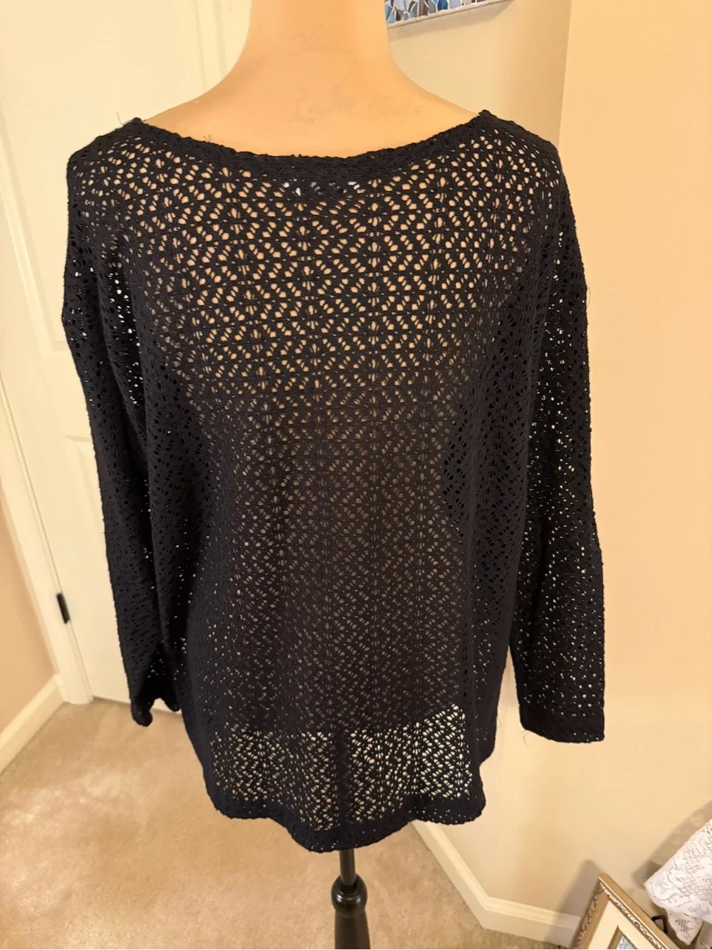 Black Crochet Knit Long Sleeve Swim Coverup